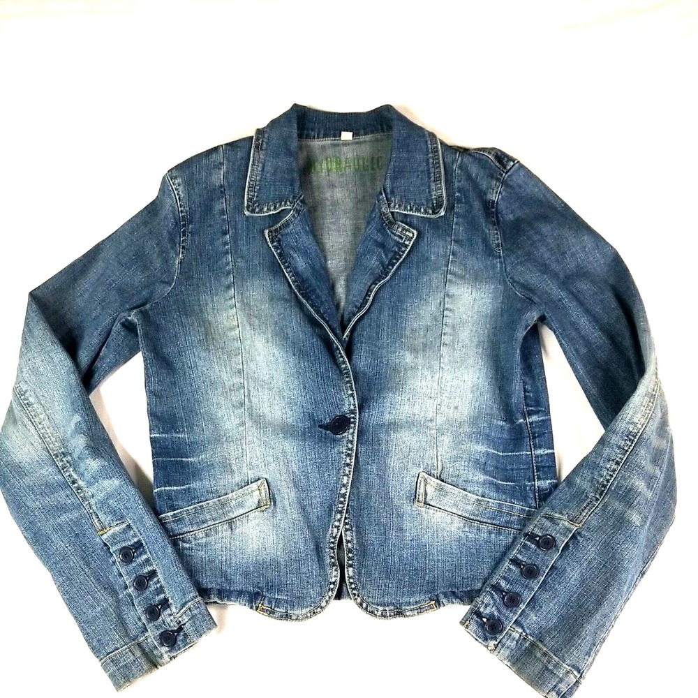 Hydraulic‎ Juniors Distressed Faded Jean Jacket Size L Button Sleeve Denim